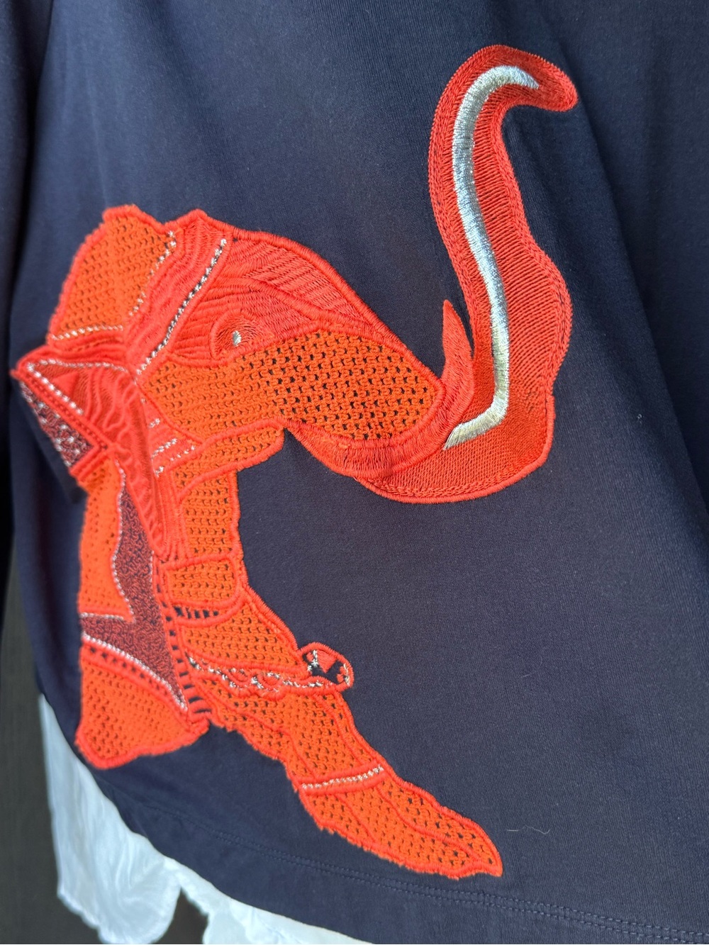 Crown&Ivy Navy Long Sleeve Top with Orange elephant and White Ruffle Hem - Picture 2 of 7